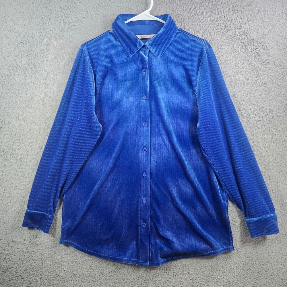 Soft Surroundings Velvet Corduroy Shirt Top Women Medium Button Long sleeve Blue